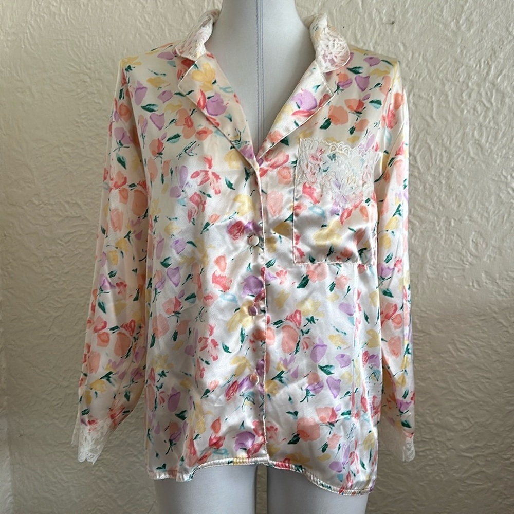 Victoria’s Secret Vintage Gold Label Satin Tulips Floral Lace Trim Sleep Top